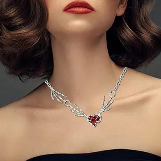 Gothic Red Heart Skeleton Hand Necklace – Punk Y2K Jewelry