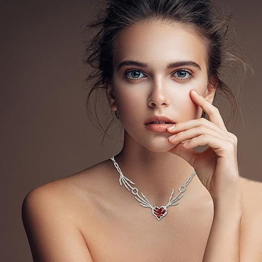 Gothic Red Heart Skeleton Hand Necklace – Punk Y2K Jewelry