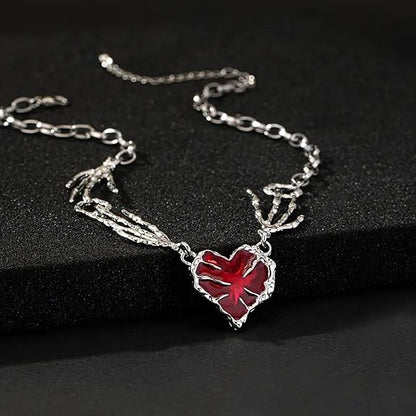 Gothic Red Heart Skeleton Hand Necklace – Punk Y2K Jewelry