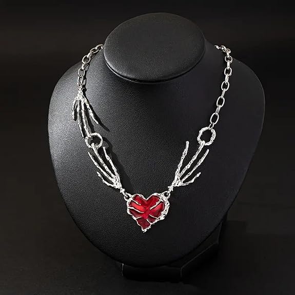 Gothic Red Heart Skeleton Hand Necklace – Punk Y2K Jewelry
