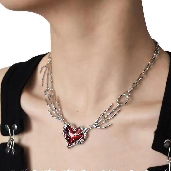 Gothic Red Heart Skeleton Hand Necklace – Punk Y2K Jewelry