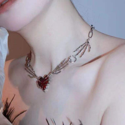Gothic Red Heart Skeleton Hand Necklace – Punk Y2K Jewelry