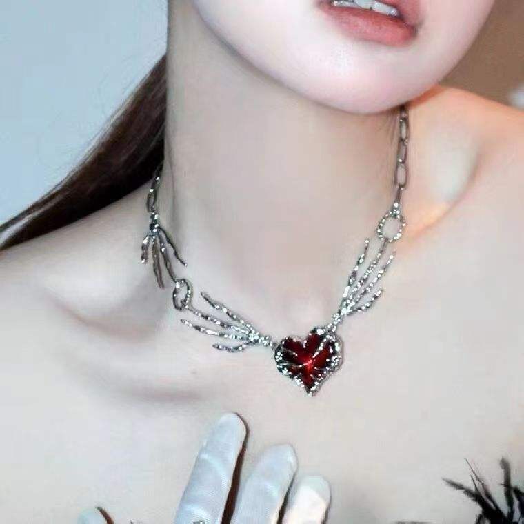 Gothic Red Heart Skeleton Hand Necklace – Punk Y2K Jewelry