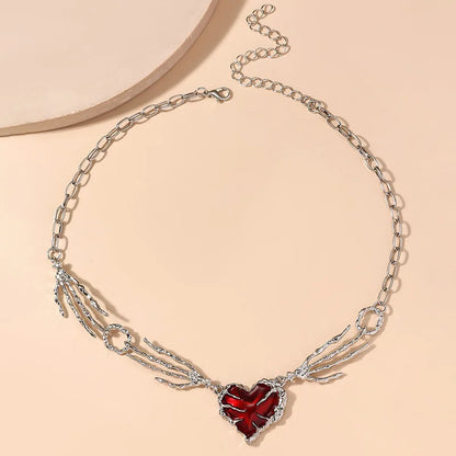Gothic Red Heart Skeleton Hand Necklace – Punk Y2K Jewelry