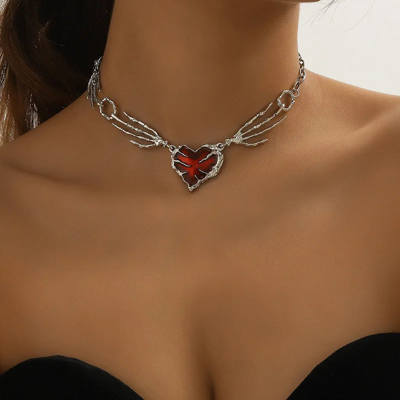Gothic Red Heart Skeleton Hand Necklace – Punk Y2K Jewelry