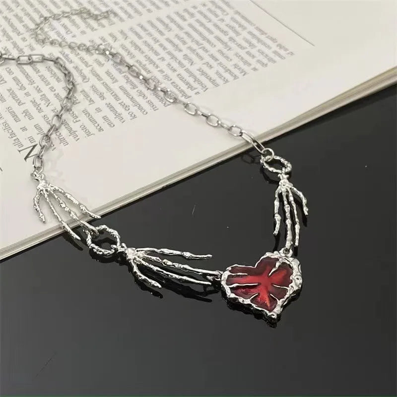 Gothic Red Heart Skeleton Hand Necklace – Punk Y2K Jewelry
