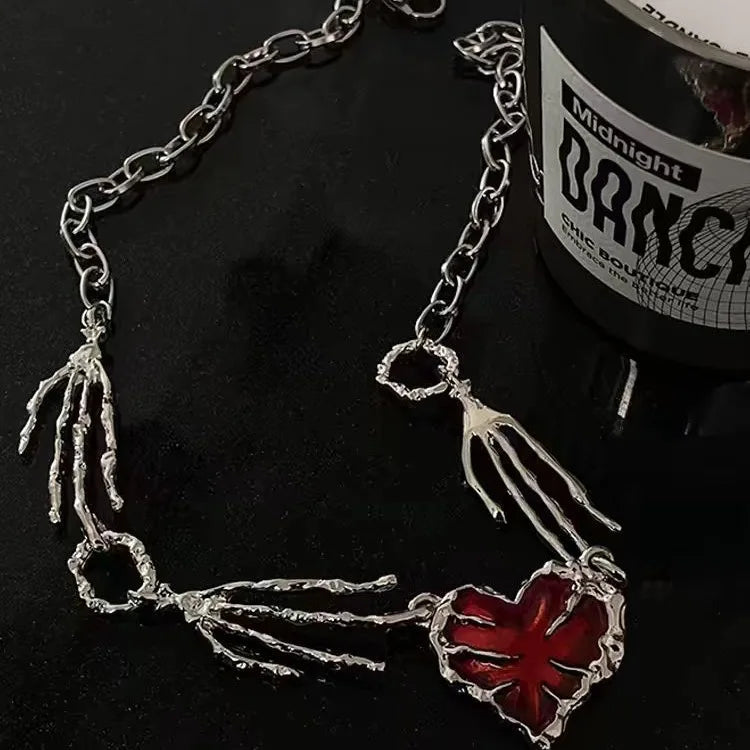 Gothic Red Heart Skeleton Hand Necklace – Punk Y2K Jewelry