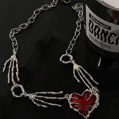 Gothic Red Heart Skeleton Hand Necklace – Punk Y2K Jewelry