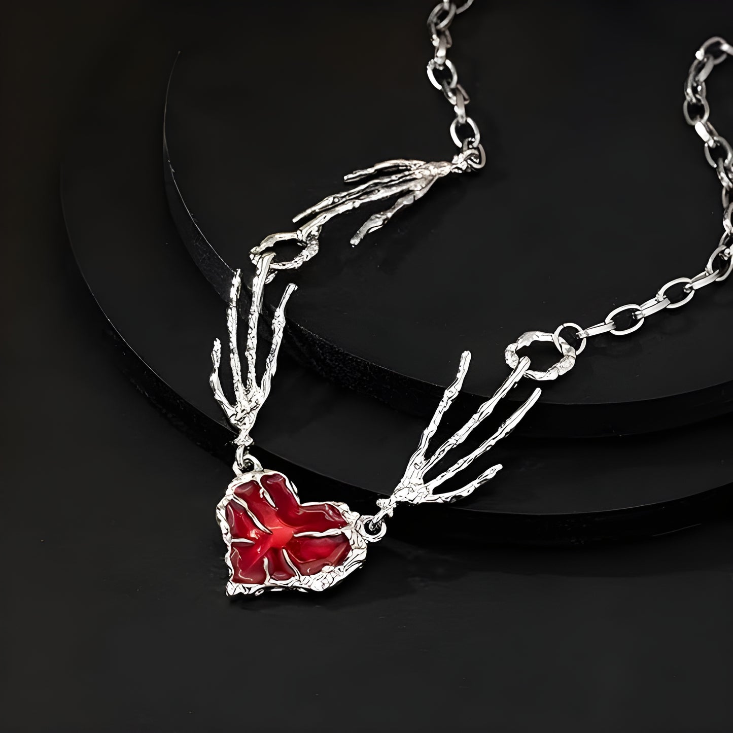 Gothic Red Heart Skeleton Hand Necklace – Punk Y2K Jewelry
