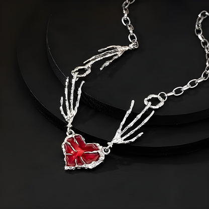 Gothic Red Heart Skeleton Hand Necklace – Punk Y2K Jewelry