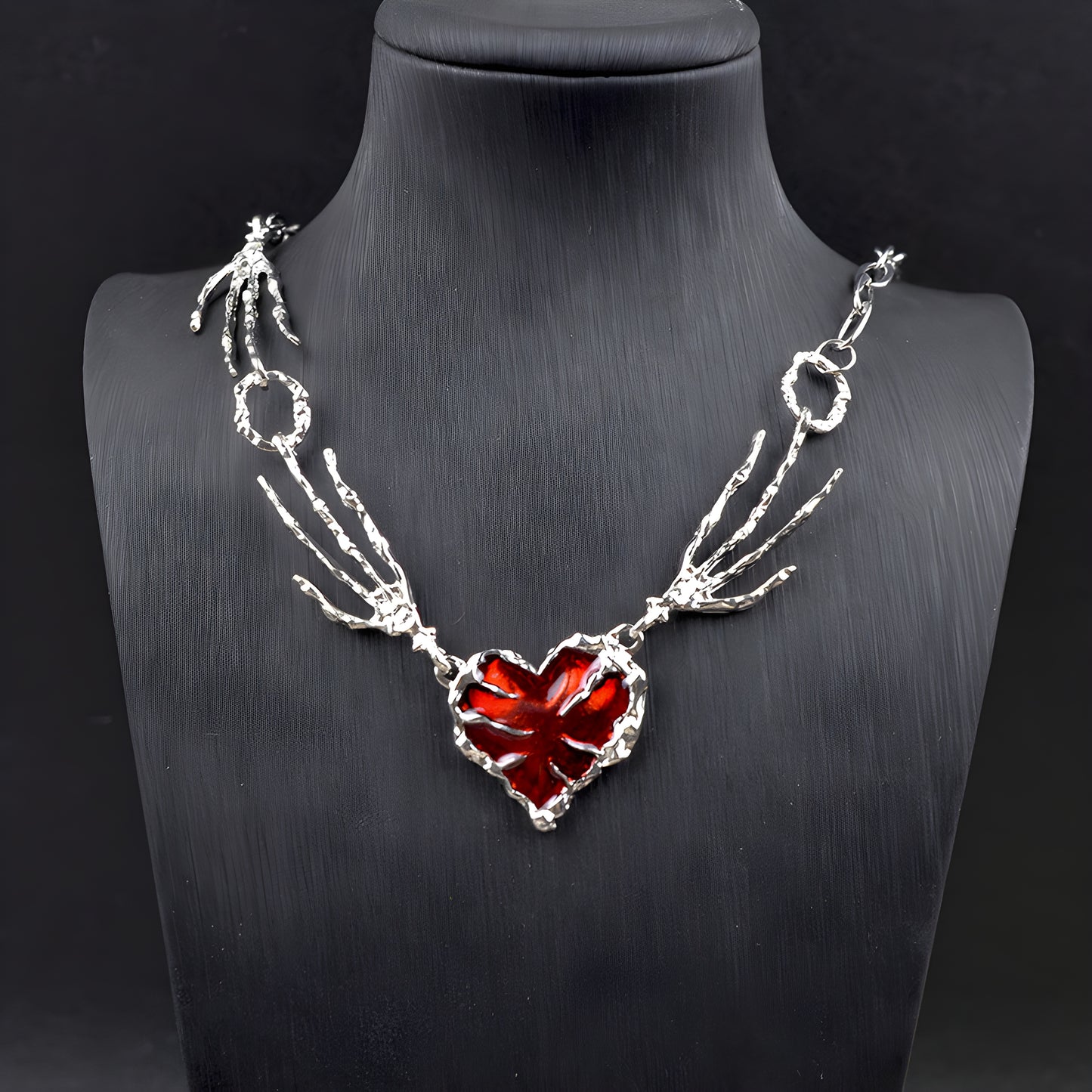 Gothic Red Heart Skeleton Hand Necklace – Punk Y2K Jewelry
