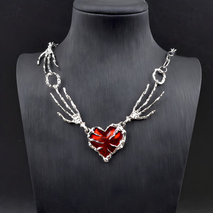 Gothic Red Heart Skeleton Hand Necklace – Punk Y2K Jewelry