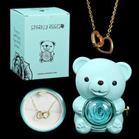 Blue Eternal Rose Bear+Gold Engraved Necklace