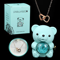 Blue Eternal Rose Bear+Rose Gold Engraved Necklace