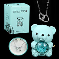 Blue Eternal Rose Bear+Silver Engraved Necklace