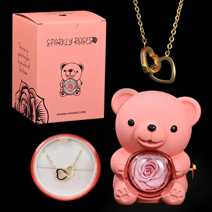 Eternal Rose Bear W/ Engraved Necklace