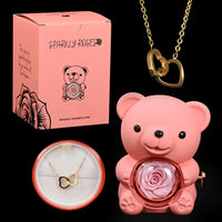 Pink Eternal Rose Bear+Gold Engraved Necklace