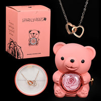 Pink Eternal Rose Bear+Rose Gold Engraved Necklace