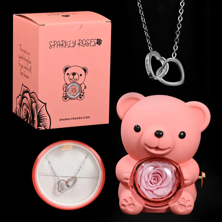 Eternal Rose Bear W/ Engraved Necklace