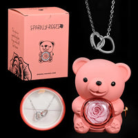 Pink Eternal Rose Bear+Silver Engraved Necklace