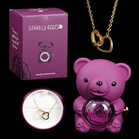Purple Eternal Rose Bear+Gold Engraved Necklace