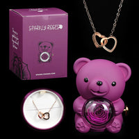 Purple Eternal Rose Bear+Rose Gold Engraved Necklace