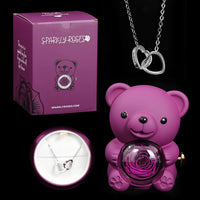 Purple Eternal Rose Bear+Silver Engraved Necklace
