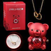 Red Eternal Rose Bear+Gold Engraved Necklace