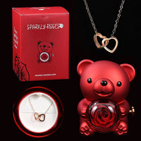 Red Eternal Rose Bear+Rose Gold Engraved Necklace